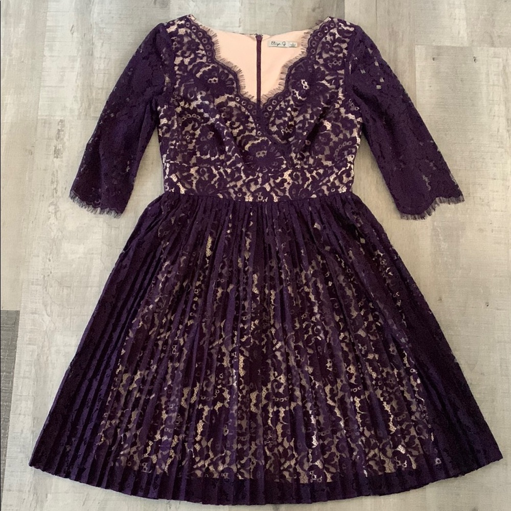 ELIZA J Pleated Lace Purple Dress Fit and Flare Scalloped Neckline/Sleeves